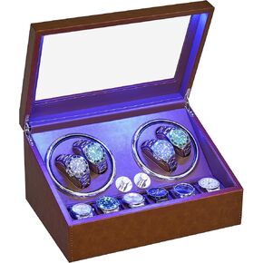 ANWBROAD Watch Winder for Automatic Watches 4 Watch Rotator and 6 Extra Storages with Super Quiet Mabuchi Motor and LED Backlight Rotating Watch Spinner Shaker 4 Rotating Modes Gift USB UJWW002P