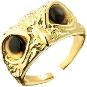 Detail 925 Sterling Silver Devil Eye Owl Ring,18K Gold-Plated Red/Blue/Black/Green Four Colors Devil Eye Owl Ring,Personality Vintage Animal Owl Open Adjustable Ring Unisex Teen (Gold Yellow-Black)