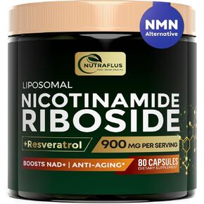 NAD NICOTINAMIDE RIBOSIDE RESVERATROL 900MG - 80 كبسولة مكملات شحمية NAD+ مع صيغة نقية ونظيفة - التوافر الحيوي المحسن - تدعم الخلايا المناعية ، عملية الشيخوخة