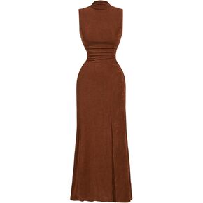 Floerns Women's Elegant Mock Neck Long Dress Sleeveless Ruched Cocktail Slit Dress