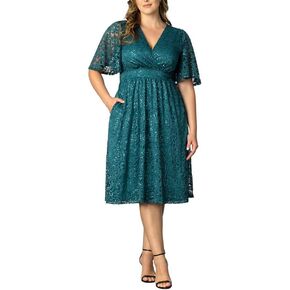 Kiyonna Plus Size Starry Sequin Lace Midi Cocktail Dress | الحفلات والعطلة وضيف الزفاف