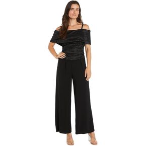 R&M Richards Glam Glitter Jacquard Cold-Shoulder Jumpsuit W/Ruched Bodice & Wide Legs