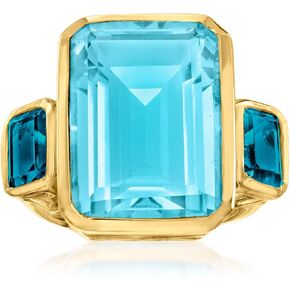 Ross-Simons 14.00 Carat Blue Quartz and 2.20 ct. t.w. London Blue Topaz 3-Stone Ring in 18kt Gold Over Sterling