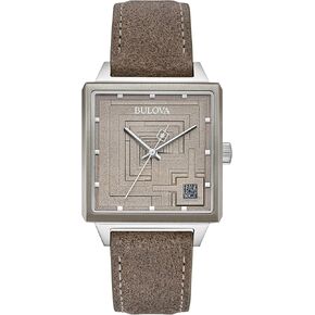 Bulova Men's Frank Lloyd Wright Limited Edition 'Ennis House' Silver Stainless Steel Watch ، ساعة حزام جلدية رمادية ، قرص رمادي ميدالي ميدالي ، 3 يدوية (الطراز: 96A314)