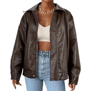 Faux Leather Jacket Women Brown Pleather Bomber Jacket Oversized Leather Blazer Motorcycle Jacket Biker Jacket Winter Coat Brown M