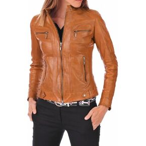 Sid Red Scarlet Lambskin Leather Womens سترة ، سترة راكب الدراجة النارية