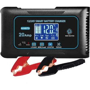 Battery Charger 0-20A 12V/24V Lithium LiFePO4 Lead Acid Fully Automatic Battery Maintainer, Car Battery Trickle Charger Automotive Battery Repair, Winter Mode, for AGM, STD, Gel, Deep Cycle Batteries