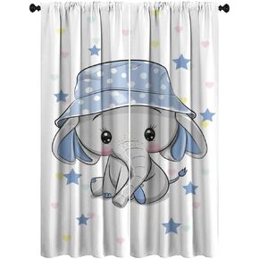 Cartoon Cute Elephant Curtain Nursery Baby Elephant with Blue Hat Blackout Curtains for Bedroom,Windows Drapes Thermal Insulated Room Darkening Curtains 2 Panels 84L x 26W