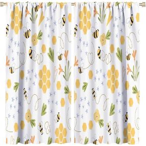 Kids Bee Blackout Curtain，Cartoon Cute Floral Window Curtain Yellow Sweet Plant Darkening Drapes Rod Pocket Cafe Dining Room Bedroom Living Room Kitchen 2 Panels 42x45 in
