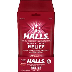 HALLS Relief Cherry Flavor Cough Drops, 30 Count (Pack of 12)
