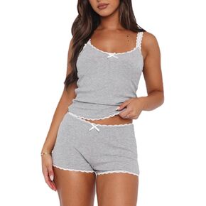 Cute Pajama Sets for Women Lace Trim V Neck Cami Tops and Shorts Matching Lounge Pj Sets Teens Y2K 2 Piece Outfit