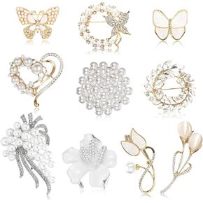 10 Pcs Brooches and Pins for Women, Crystal Rhinestone Pearl Brooch Lapel Pin, Butterfly Flower Bulk Brooches for Coats Jackets Wedding Bouquet