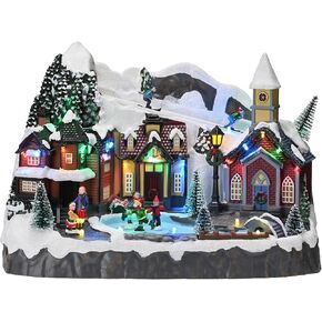 Valery Madelyn Christmas Village Sledding Down Hill, Pre-Lit Lighted Christmas House Large Snow Skating Pond Dynamic Scenes Cottage Decoration Gift for Christmas Table Top Decoration 13.3 Inch