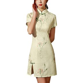 Elegant Women Floral Lace Short Cheongsam Mandarin Collar Chinese Summer Dress