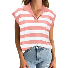 ZAFUL Striped Sleeveless Sweaters for Women V Neck Cap Sleeve Tops Loose Fitting Spring Fashion Sweater Vest