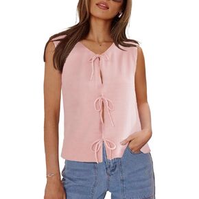 Womens Sweater Vest 2025 Summer Sleeveless Crewneck Tie Front Tops Bow Crochet Knit Vest Crop Tank Tops Trendy Vest