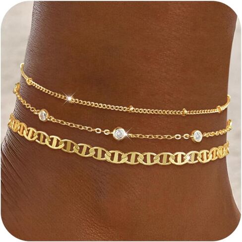 Gold Ankle Bracelets for women, 14K Gold Plated 3-Layered Anklets Set, Waterproof Stackable CZ Figaro Link Chain Heart butterfly Anklet Trendy Jewelry Gift for Women in Saudi Arabia
