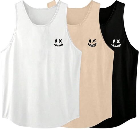 WDIRARA Men's 3 Pack Graphic Happy Funny Face Tank Top Curved Hem Crew Neck Sleeveless Tee Tops in Saudi Arabia