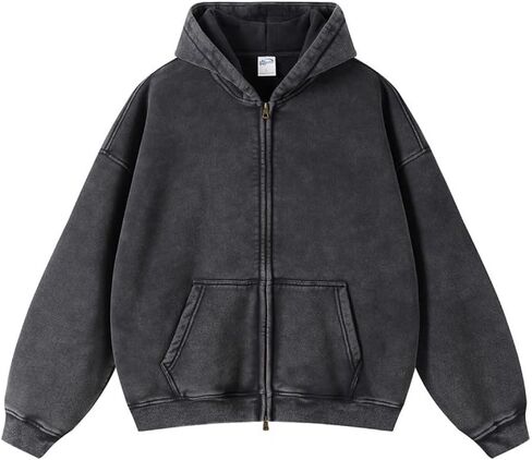 mi bo tong mens hodies كبير الحجم من حمض خمر غسل zip up قميص مقنع مع سترة جيب طويلة الأكمام in Kuwait