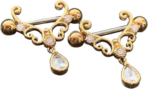 Lobal Domination Pair of Heart Filigree with Teardrop 14g Nipple Rings Shields - Steel, Gold or Rose Gold in Kuwait