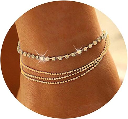 Tasiso 14K Gold Plated Layered Satellite Beads Heart Anklets Layering Rhinestone Cubic Zirconia Ankle Bracelets for Women Minimalist Summer Beach Foot Chain Ankle Jewelry for Her in Kuwait