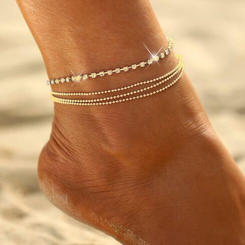 Tasiso 14K Gold Plated Layered Satellite Beads Heart Anklets Layering Rhinestone Cubic Zirconia Ankle Bracelets for Women Minimalist Summer Beach Foot Chain Ankle Jewelry for Her in Kuwait