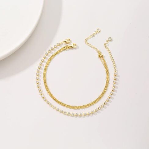 Tasiso 14K Gold Plated Layered Satellite Beads Heart Anklets Layering Rhinestone Cubic Zirconia Ankle Bracelets for Women Minimalist Summer Beach Foot Chain Ankle Jewelry for Her in Kuwait