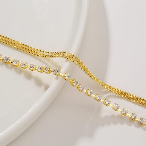 Tasiso 14K Gold Plated Layered Satellite Beads Heart Anklets Layering Rhinestone Cubic Zirconia Ankle Bracelets for Women Minimalist Summer Beach Foot Chain Ankle Jewelry for Her in Kuwait