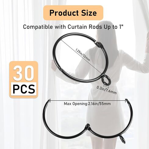 30-Pack Curtain Rings with Eyelets, 1.25-Inch Drapery Rings, Hinge Snap-Joint Design, Compatible with Curtain Rods Up to 1 Inches (Black) in Saudi Arabia