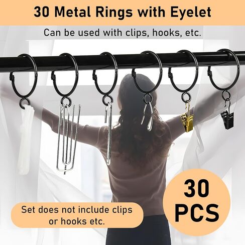 30-Pack Curtain Rings with Eyelets, 1.25-Inch Drapery Rings, Hinge Snap-Joint Design, Compatible with Curtain Rods Up to 1 Inches (Black) in Saudi Arabia