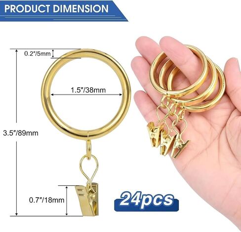 Curtain Rings with Clips - Set of 24, Interior Diameter 1.5inch,Fits Up to 1.2Inch Rod (Gold-24pcs) in Kuwait