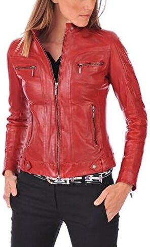 Sid Red Scarlet Lambskin Leather Womens سترة ، سترة راكب الدراجة النارية in Kuwait
