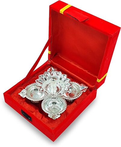 NOBILITY German Silver Diya with Blue Gift Box Panchmukhi Dia Pooja Items Diwali Decoration Puja Gifts Handmade Oil Lamp Traditional Indian Deepawali Gift Items in Saudi Arabia