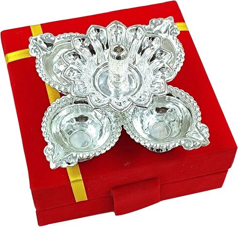 NOBILITY German Silver Diya with Blue Gift Box Panchmukhi Dia Pooja Items Diwali Decoration Puja Gifts Handmade Oil Lamp Traditional Indian Deepawali Gift Items in Saudi Arabia