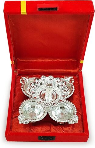 NOBILITY German Silver Diya with Blue Gift Box Panchmukhi Dia Pooja Items Diwali Decoration Puja Gifts Handmade Oil Lamp Traditional Indian Deepawali Gift Items in Saudi Arabia