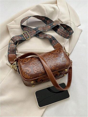 QWINEE Women's Western Purse Floral Shoulder Bag Zipper Leather Crossbody Bag Vintage Hobo Square Purse in Kuwait