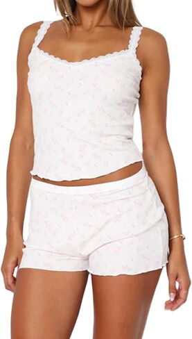 Cute Pajama Sets for Women Lace Trim V Neck Cami Tops and Shorts Matching Lounge Pj Sets Teens Y2K 2 Piece Outfit in Kuwait