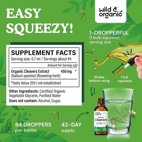 Wild & Organic Cleavers Tincture - Herbal Detox Drops with Cleavers Herb - Galium Aparine Leaf Extract Supplement - Vegan, Sugar & Alcohol-Free - 4 fl oz in Saudi Arabia