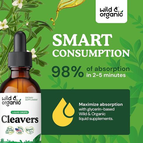 Wild & Organic Cleavers Tincture - Herbal Detox Drops with Cleavers Herb - Galium Aparine Leaf Extract Supplement - Vegan, Sugar & Alcohol-Free - 4 fl oz in Saudi Arabia
