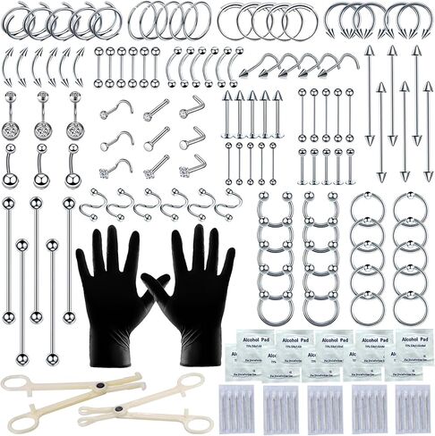 Tustrion 153Pcs Piercing Kits for all Piercings Professional with Piercing Jewelry and Tools for Nose Septum Belly Button Lip Ear Tongue Cartilage Eyebrow and More with 12G, 14G, 16G and 20G Piercing Needles in Saudi Arabia