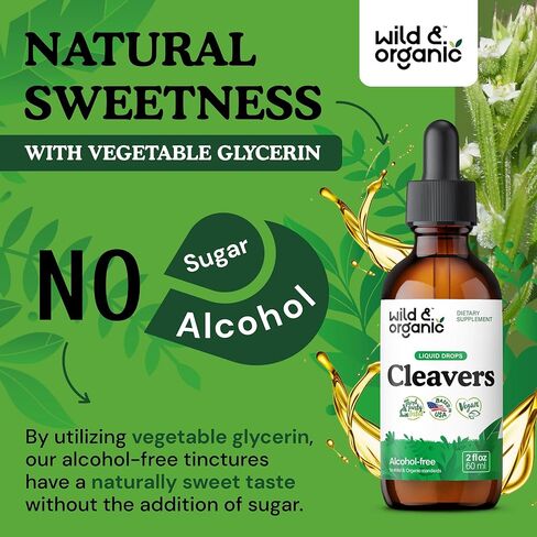 Wild & Organic Cleavers Tincture - Herbal Detox Drops with Cleavers Herb - Galium Aparine Leaf Extract Supplement - Vegan, Sugar & Alcohol-Free - 4 fl oz in Saudi Arabia