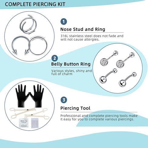 Tustrion 153Pcs Piercing Kits for all Piercings Professional with Piercing Jewelry and Tools for Nose Septum Belly Button Lip Ear Tongue Cartilage Eyebrow and More with 12G, 14G, 16G and 20G Piercing Needles in Saudi Arabia
