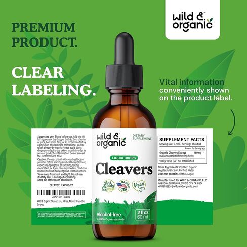 Wild & Organic Cleavers Tincture - Herbal Detox Drops with Cleavers Herb - Galium Aparine Leaf Extract Supplement - Vegan, Sugar & Alcohol-Free - 4 fl oz in Saudi Arabia