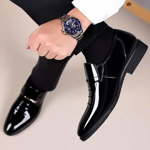 Men's Tuxedo Dress Shoes Formal Classic Faux Patent Leather Oxfords Business Wedding Derby Shoe for Men Cap Toe Wingtip Black Burgundy in Saudi Arabia