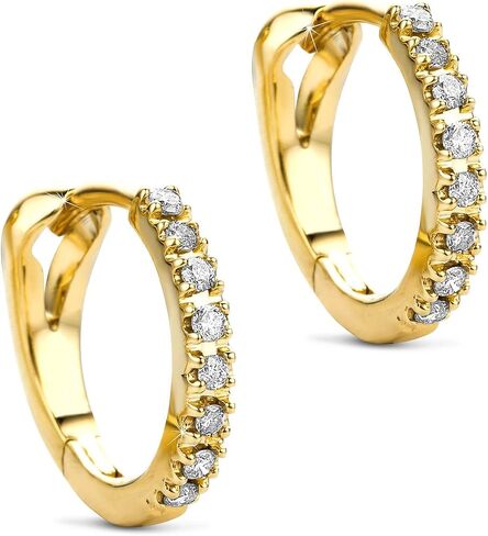 14kt White/Yellow Gold Diamond Round Huggie Hoop Earrings - Featuring 16 Round-Cut Diamonds, Secure Prong Setting, and Comfortable Hinge Design Presented in a Luxury Gift Box in Saudi Arabia
