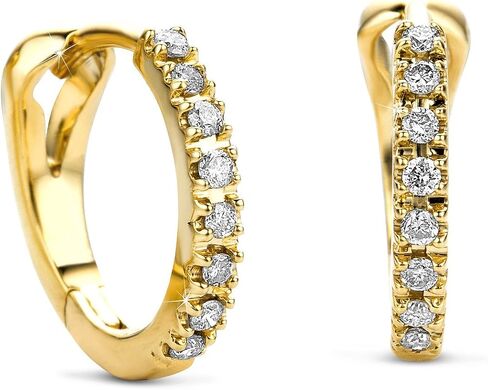 14kt White/Yellow Gold Diamond Round Huggie Hoop Earrings - Featuring 16 Round-Cut Diamonds, Secure Prong Setting, and Comfortable Hinge Design Presented in a Luxury Gift Box in Saudi Arabia
