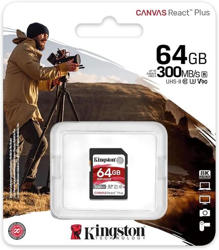 Kingston Canvas React Plus 64GB SD Card | SDXC UHS-II | 300R/260W U3 V90 | Full HD/4K/8K | SDR2/64GB in Saudi Arabia