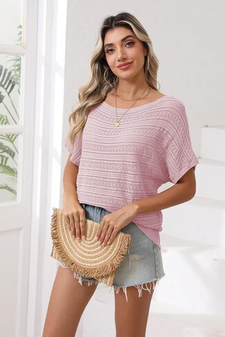 Cakulo Summer Off The Shoulder Tops for Women Crochet Short Sleeve Batwing Knit Spring Oversized Sweater Top in Saudi Arabia