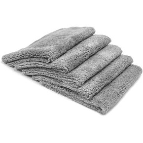 Autofiber Elite Edgeless Two-Pile Microfiber Detailing Towel, All-Purpose Detail Rag, Polishing, Buffing, Window, Glass, Waterless, Rinseless and Car Wash Towels - Pack of 5, Gray (16 inch x 16 inch)