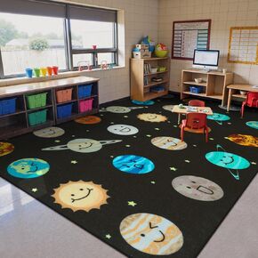STARUIA Planet Smiley Face Classroom Rug, Washable Educational Area Rug for Kids Room Seating Décor, Non-Slip Classroom Carpet Play Carpet for Teaching and Playroom, Seats 24, 7'5"x13', Black